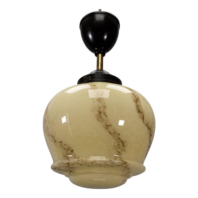 Art Deco Ivory and Brown Marbled Glass Pendant Light, Germany, 1930s For Sale
