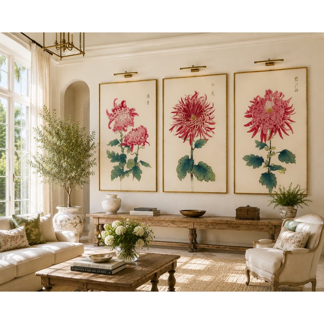 Red Chrysanthemum Triptych, Vintage Japanese Botanical Art Prints (Set of 3), 40" X 60" For Sale In Buffalo - Image 6 of 9