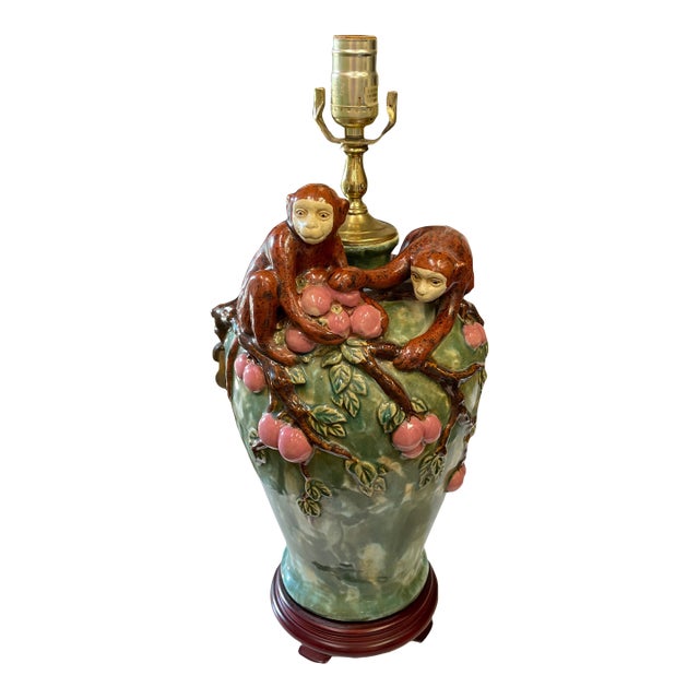 Vintage Majolica Style Two Monkeys Table Lamp For Sale