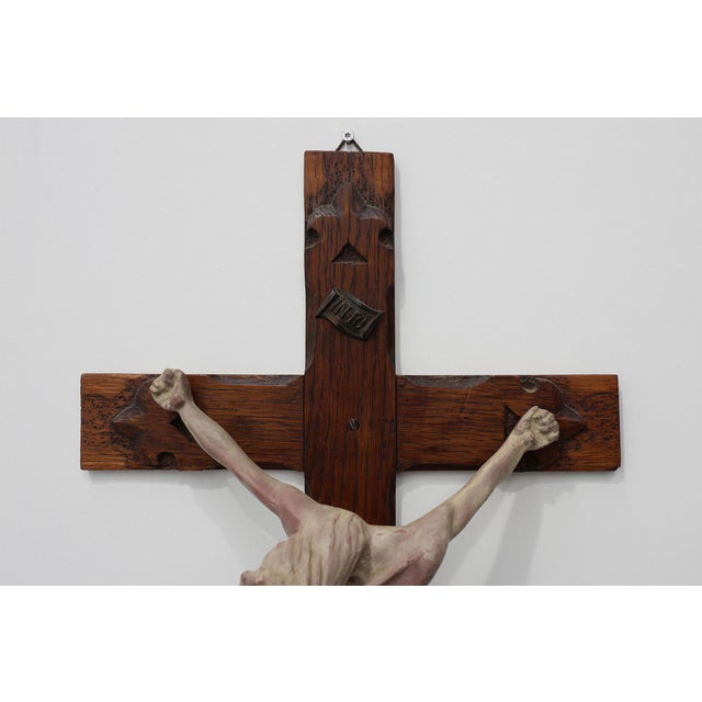 Belgian Wooden Crucifix with Painted Plaster Corpus and Metal Inri Plaque, 1920 For Sale - Image 9 of 10