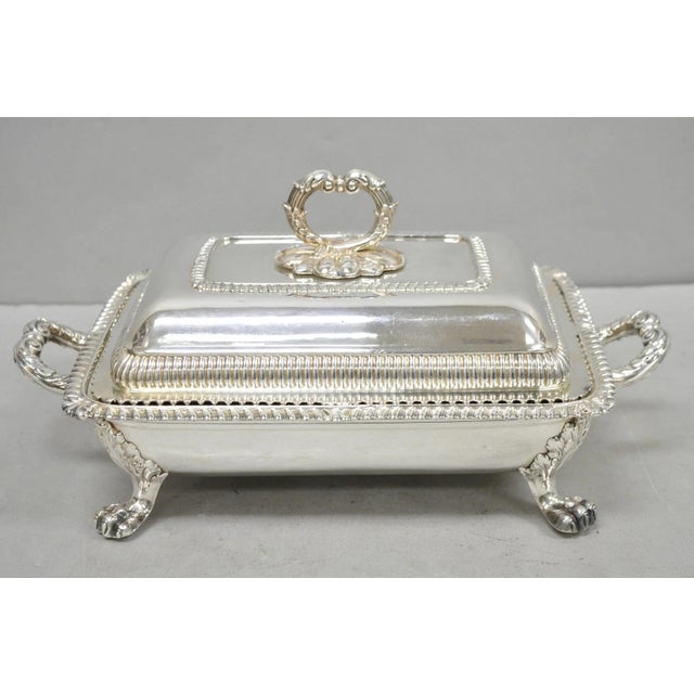 Antique English Regency Georgian Silver Plated Covered Chafing Serving Dish Raised on Lion Paw Feet. Item features a...