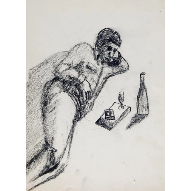 Mid-Century Modern Vintage Mid Century Man & Wine Charcoal Drawing For Sale - Image 3 of 3