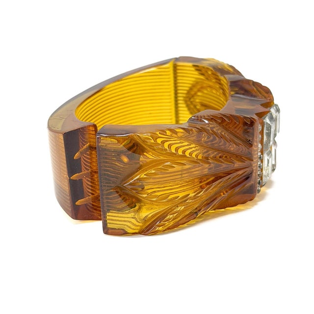 Orange Vintage Art Deco Carved Bakelite and Paste Hinged Cuff, 1930s For Sale - Image 8 of 14