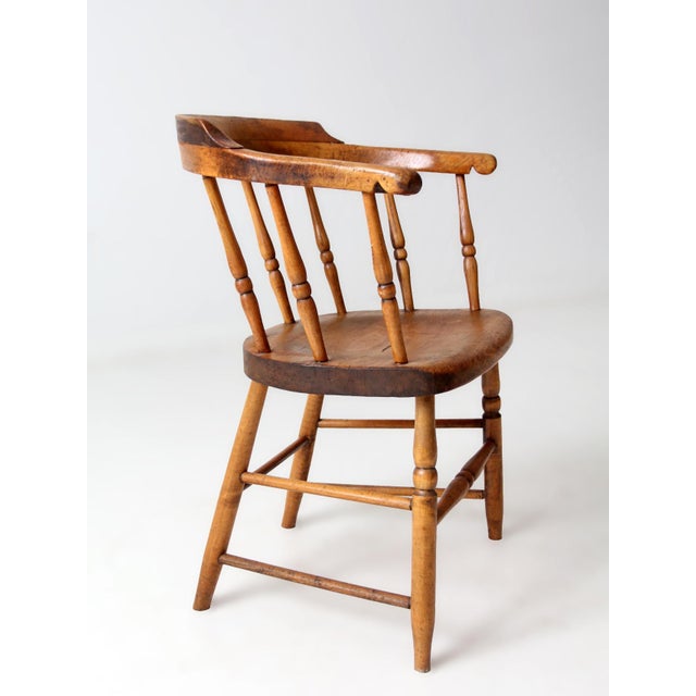 Brown Antique Windsor Captain’s Chair Wood Spindle Armchair For Sale - Image 8 of 14