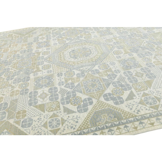 Modern Geometric Khotan Style Hand-Knotted Wool Area Rug - Muted Sage & Sand For Sale - Image 4 of 10
