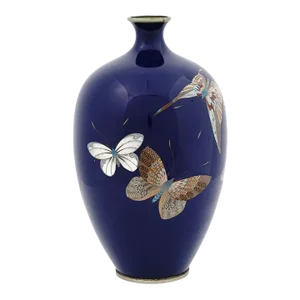 Late 19th Century Large Antique Meiji Japanese Cloisonne Enamel Butterflies Vase