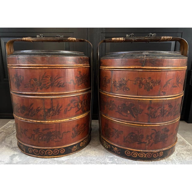 A pair of 19th century highly decorated Chinese wedding baskets. Very striking accent to flank your fireplace, front entry...