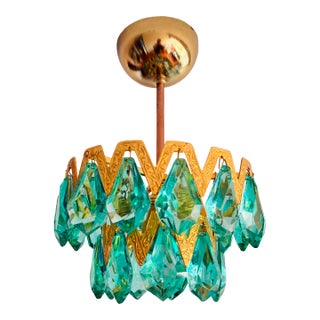 1960s Luxury Mini Brass Chandelier With Turquoise Crystal Drops, Starburst Shadow Ceiling Projection Light, Restored Antique Style Light Fixture For Sale