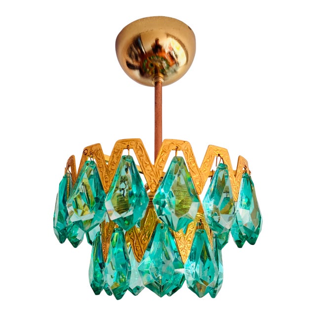 1960s Luxury Mini Brass Chandelier With Turquoise Crystal Drops, Starburst Shadow Ceiling Projection Light, Restored Antique Style Light Fixture For Sale