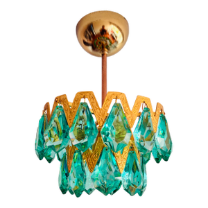 1960s Luxury Mini Brass Chandelier With Turquoise Crystal Drops, Starburst Shadow Ceiling Projection Light, Restored Antique Style Light Fixture