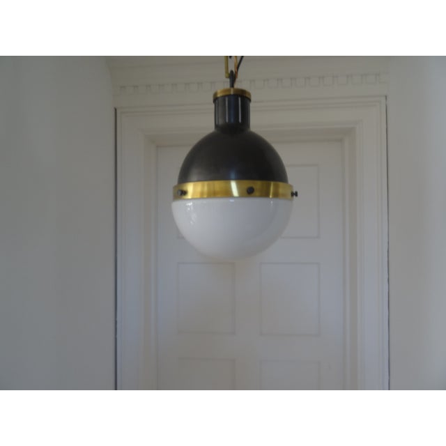 Thomas O'Brien for Visual ComfortSignature Hick small pendant in bronze and hand rubbed antique brass with white glass....