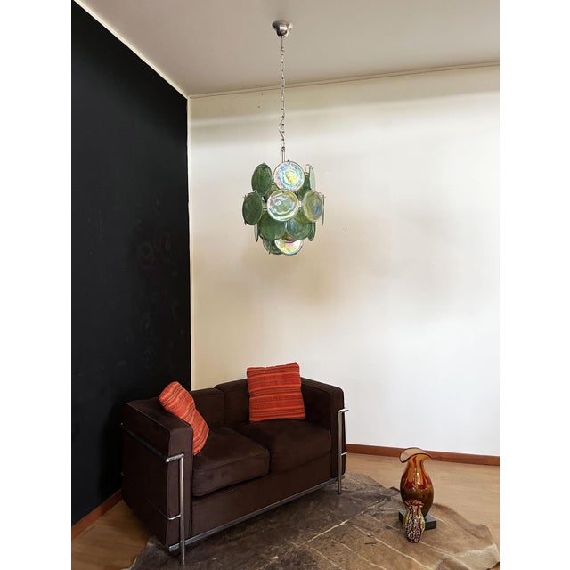 Mid-Century Modern Vintage Italian Green Murano Glass Discs Chandelier, 1990s For Sale - Image 3 of 18