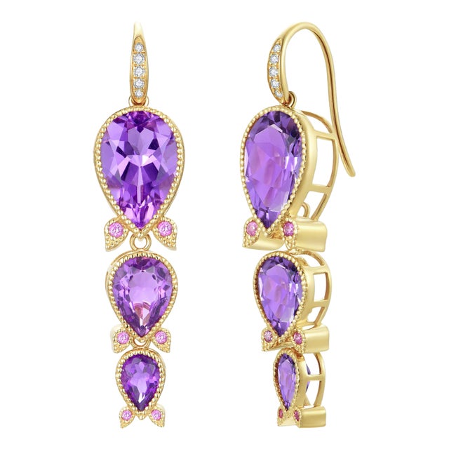 Nina Zhou Lily of the Valley Purple Amethyst, Pink Sapphire & Diamond Drop Earrings in 14k Gold- Set of 2 For Sale