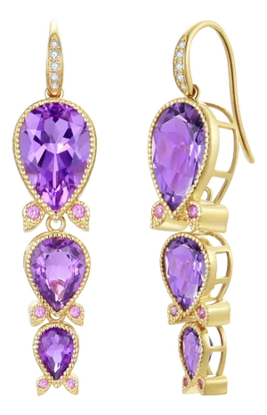 Nina Zhou Lily of the Valley Purple Amethyst, Pink Sapphire & Diamond Drop Earrings in 14k Gold- Set of 2