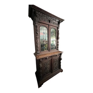 19th Century French Henri II Style Renaissance Revival Carved Oak Hunt Cabinet For Sale