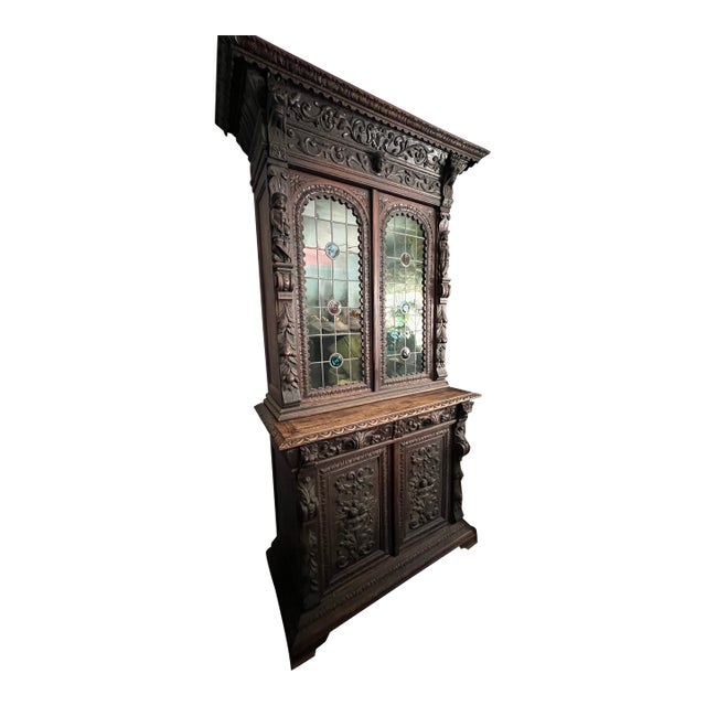 19th Century French Henri II Style Renaissance Revival Carved Oak Hunt Cabinet For Sale