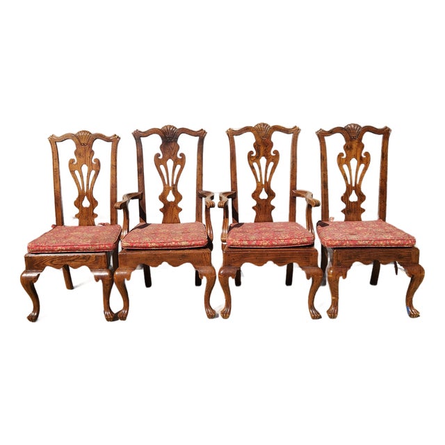 Late 20th Century 4 Henredon Carved Oak and Cane Dining Chairs For Sale