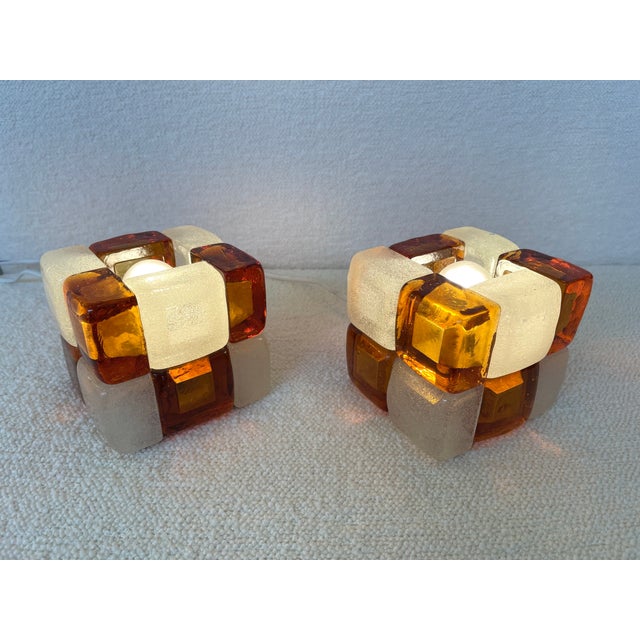 1970s Pair of Amber Glass Cube Lamps, Italy, 1970s For Sale - Image 5 of 11