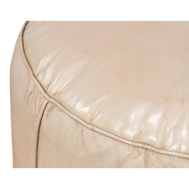 Beige Round Leather Ottoman For Sale - Image 4 of 10