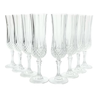 1990s Cristal D’Arques “Longchamp” Crystal Fluted Champagne Glasses - Set of 8 For Sale