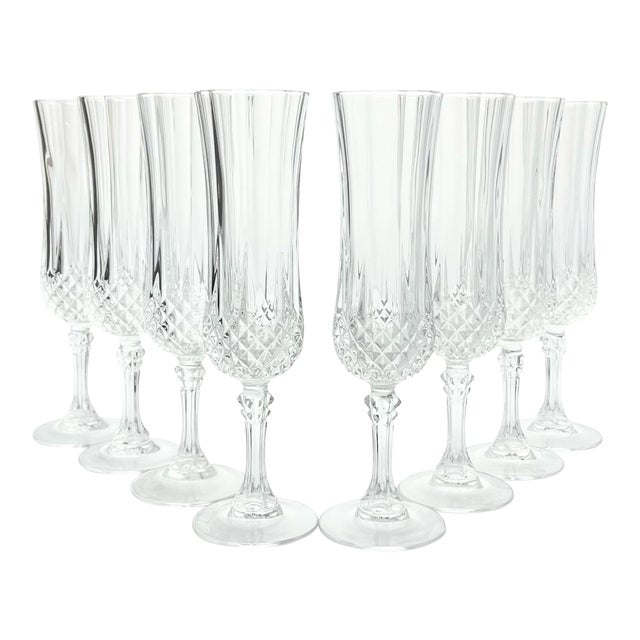 1990s Cristal D’Arques “Longchamp” Crystal Fluted Champagne Glasses - Set of 8 For Sale
