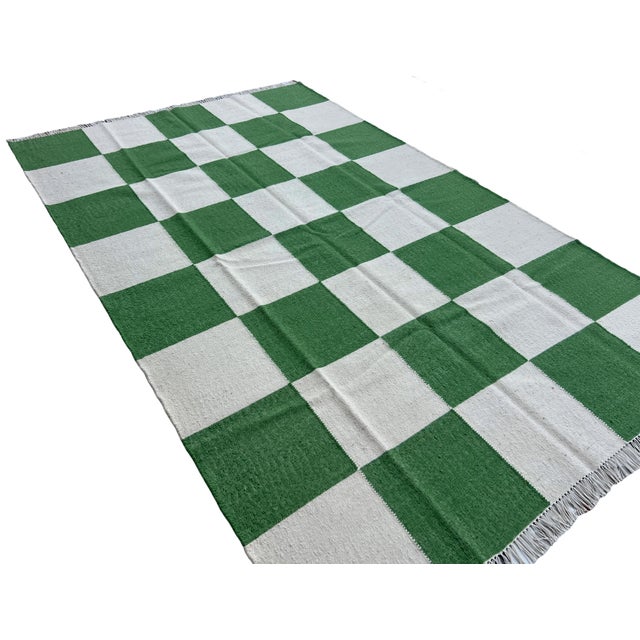 Handmade Woolen Flat Weave Rug, Moss Green and White Checker Board Dhurrie - 5'x8' For Sale - Image 6 of 12