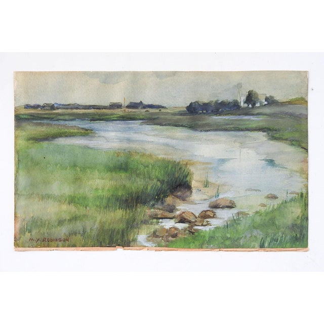 Early 20th Century Riverside Village Landscape Watercolor For Sale - Image 4 of 4