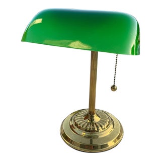 Vintage Bankers Desk With Green Glass Shade For Sale