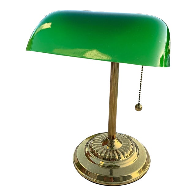 Vintage Bankers Desk With Green Glass Shade For Sale