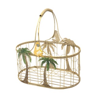 Vintage Palm Beach Regency Metal Palm Trees and Monkeys Basket For Sale