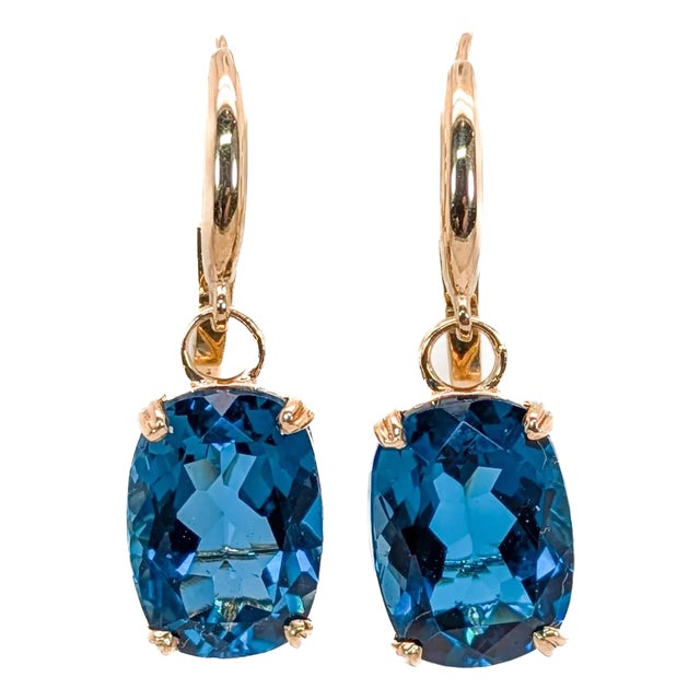 16ct Solitaire London Blue Topaz Earrings in Solid 14K Yellow Gold | OV 14x10mm For Sale