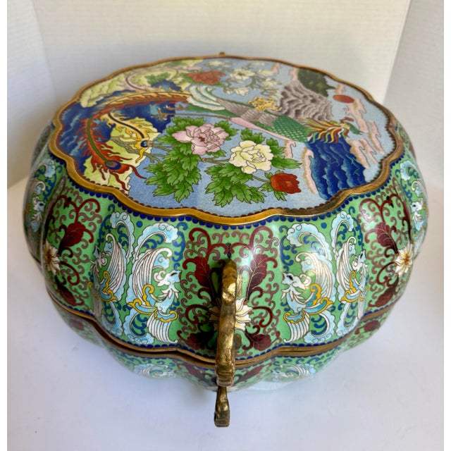 Metal Vintage Chinese Cloisonné Pumpkin Form Lidded Vessel With Phoenix & Peony Decoration For Sale - Image 7 of 15
