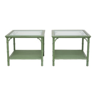 1970s Pair of Mid Century Faux Bamboo Green Side Tables For Sale
