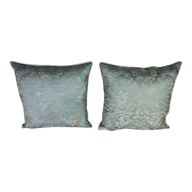 Pair of Aquamarine Fortuny Pillows For Sale