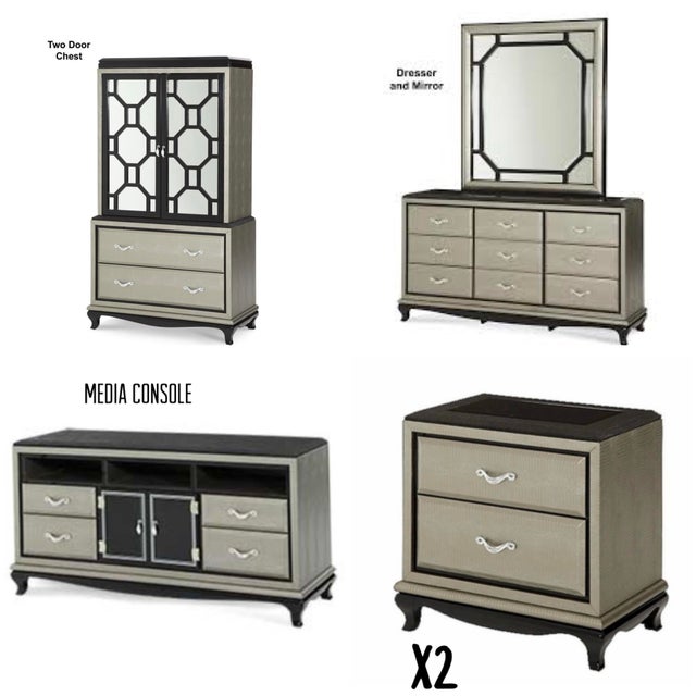 Hollywood Regency Michael Amini After Eight Bedroom Collection- 2 Nightstands, Dresser, Armoire, Mirror, Media Cabinet For Sale - Image 3 of 12