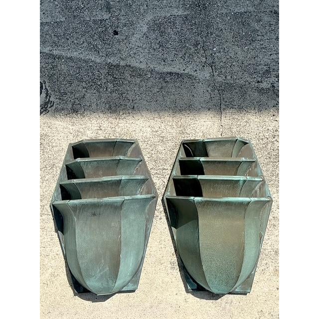 Vintage Stacked Patinated Copper Sconces - A Pair For Sale - Image 4 of 12