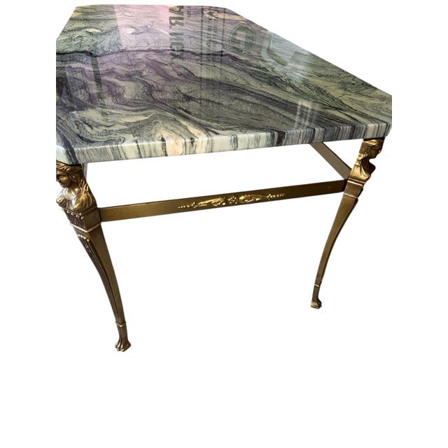 1990s Vintage Brass Stone Top Coffee Table Regency Figural Bagues Attb For Sale - Image 5 of 12