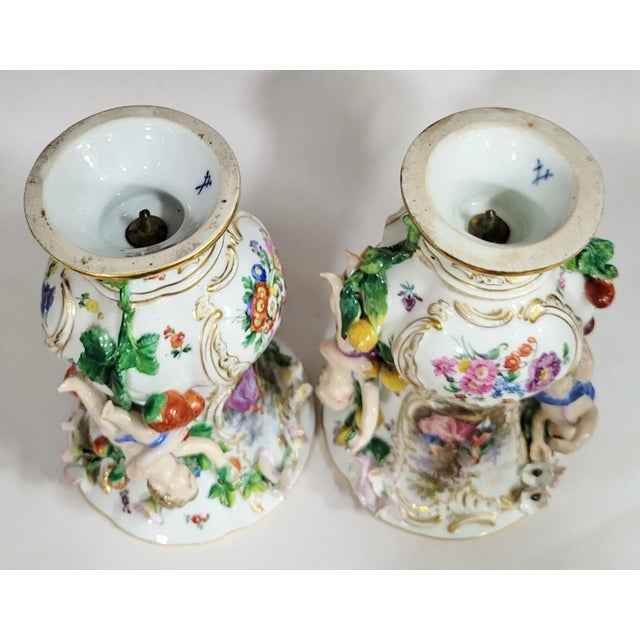 Pair Antique German 19th C Putti Baby Meissen Porcelain Hand Painted Vases Urns For Sale - Image 13 of 15
