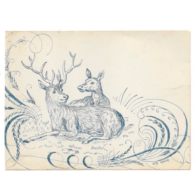 1943 or 1945 ink on paper of a male and female deer by Devon, UK artist William E. Wood. Signed lower right, dated on the...