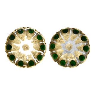 Vintage Pair of Bohemian Moser Style Dishes Etched Emerald & Gold Glass For Sale