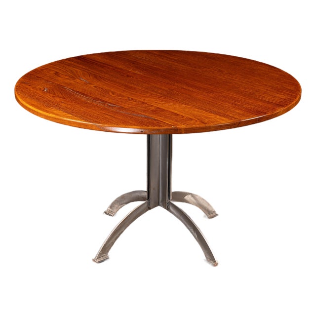 Vintage Hardwood Dining Table With Industrial Chic Steel Pedestal Base For Sale