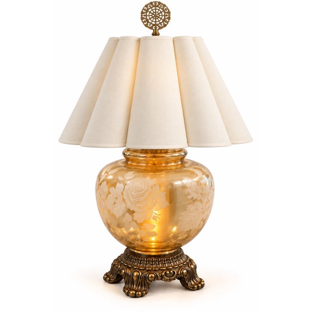 Vintage Etched Amber Glass Rose Urn Lamp With Illuminated Base and Pleated Shade For Sale In Los Angeles - Image 6 of 10