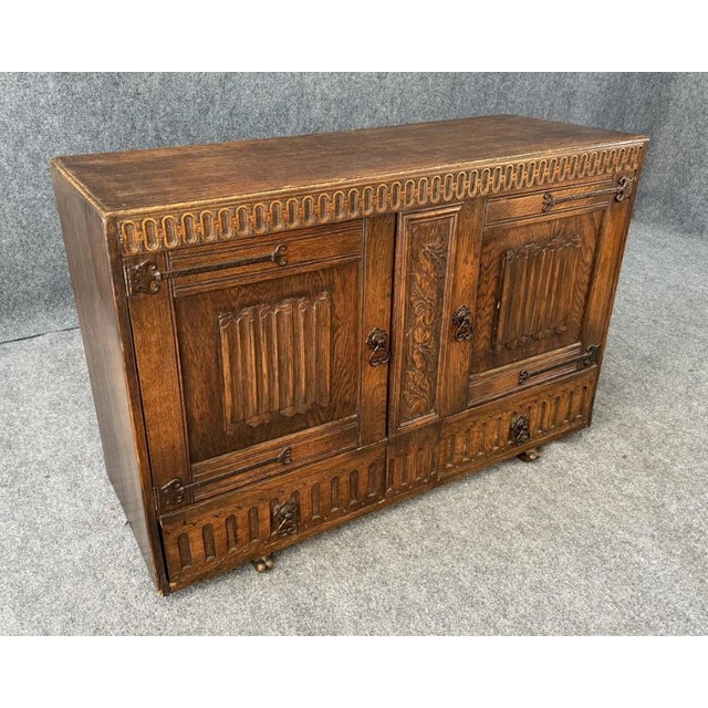 American Antique Carved Oak Buffet With Metal Hardware For Sale - Image 3 of 18