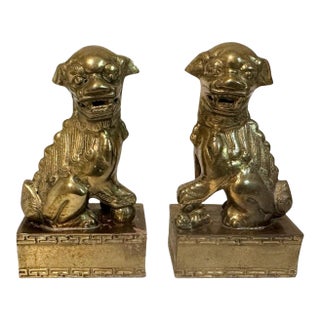 Pair of Vintage Chinese Brass Clad Temple Foo Dogs Fu Lions Figurines Bookends For Sale