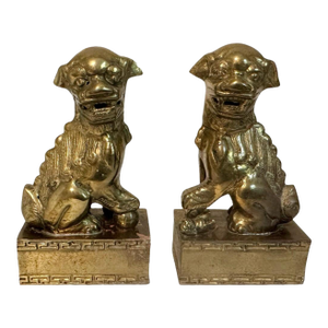 Pair of Vintage Chinese Brass Clad Temple Foo Dogs Fu Lions Figurines Bookends