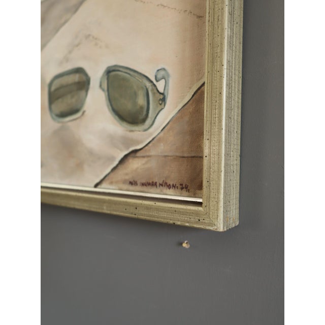 Textile 1974 Modernist 'Still Life With Binoculars' Vintage Original Interior Oil Painting, Framed For Sale - Image 7 of 11
