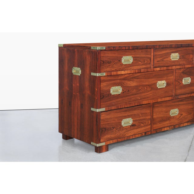 Mid-Century Modern 1960s Vintage Rosewood and Brass Campaign Dresser by John Stuart For Sale - Image 3 of 13