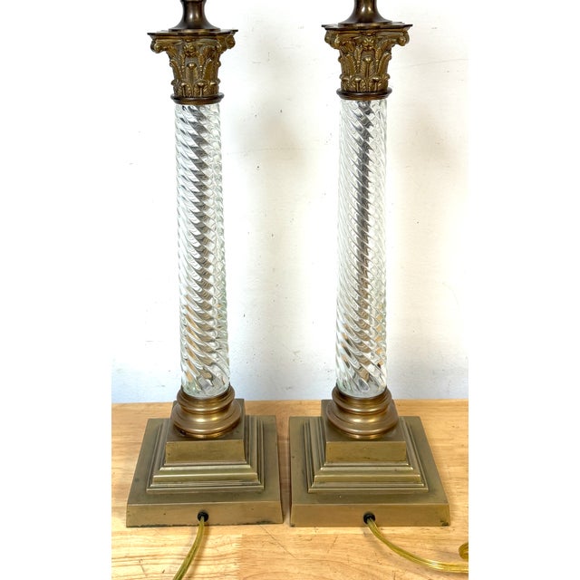 Early 20th Century Baccarat Attributed Gilt Bronze and Spiral Crystal Corinthian Column Lamps - a Pair For Sale - Image 11 of 13