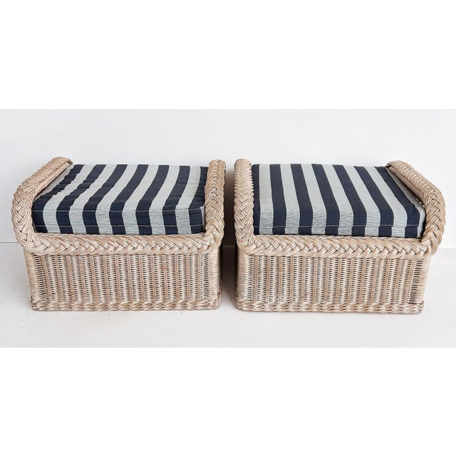 1970s Henry Link Rattan Lounge Chairs, Ottomans, New Sunbrella Upholstery, 2 Pairs For Sale - Image 5 of 18