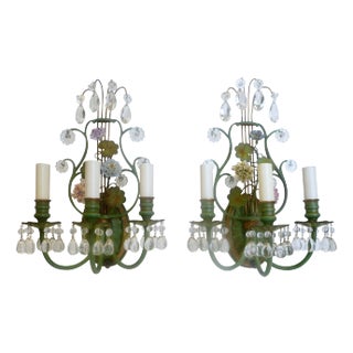Pair of Polychrome Enameled Bronze and Porcelain Flower Lyre Form Sconces For Sale